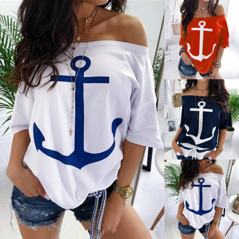 Women Loose Shoulder Printed T-Shirt