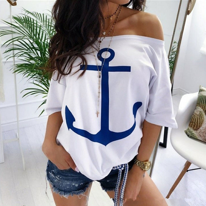 Women Loose Shoulder Printed T-Shirt